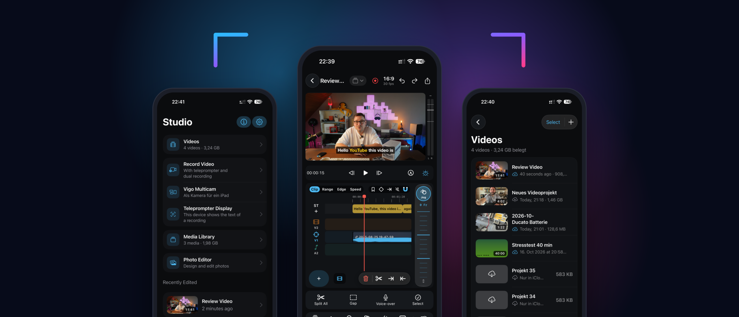Three iPhone screens of Vigo Studio: studio overview, timeline editor with captions and video library