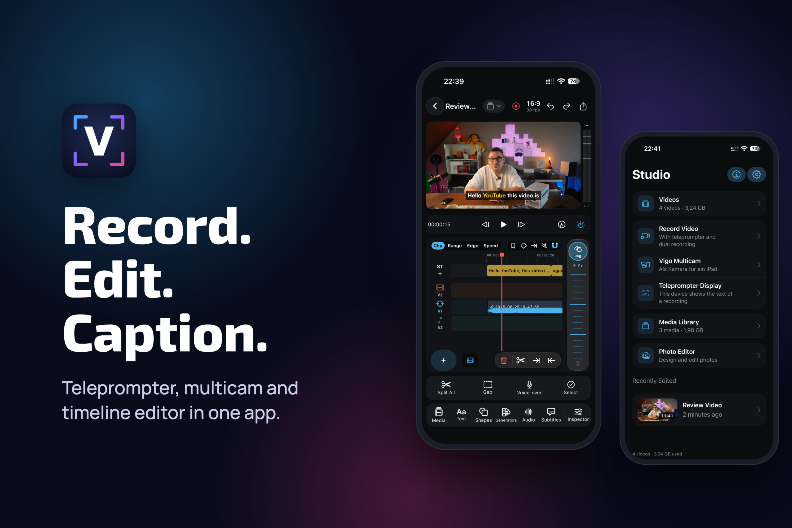 Vigo Studio app icon with the slogan Record. Edit. Caption. next to two iPhone screens